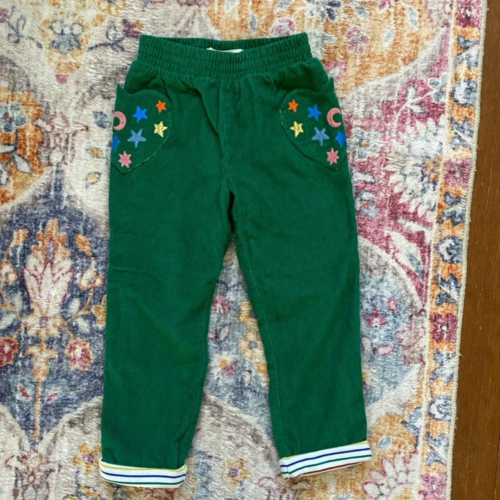 Mini Boden Green Corduroy Pants with Colorful Embroidery - Picture 1 of 5